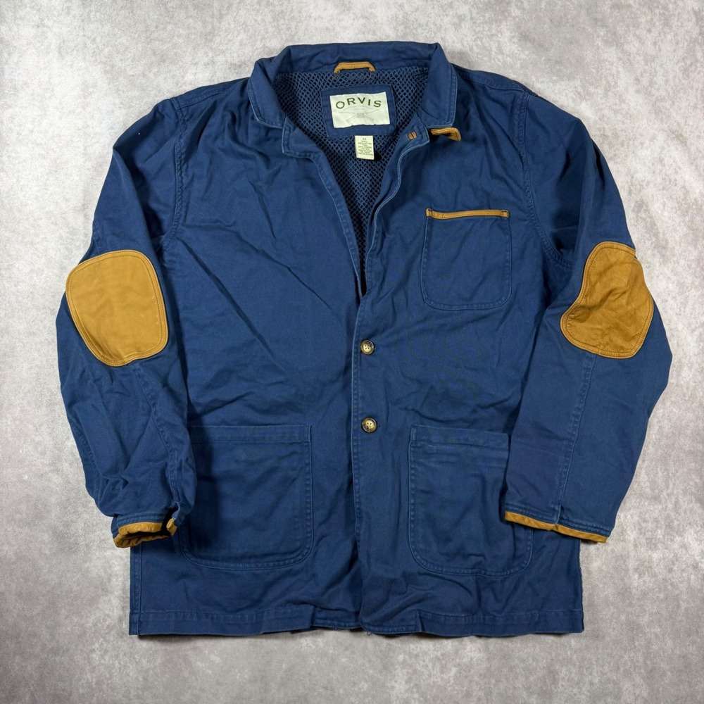 Orvis Mens Navy Blue Cotton Canvas Field Coat Leather Elbow Patches Size 44
